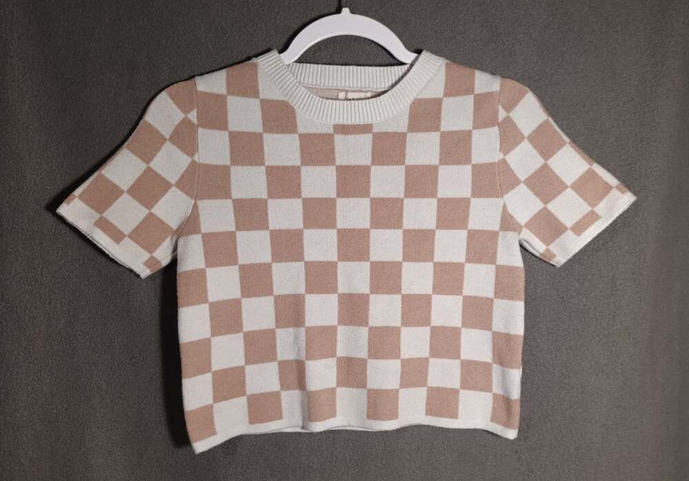 Debut Cropped Short Sleeve Sweater T‑Shirt Medium Dusty Rose White Checkerboard